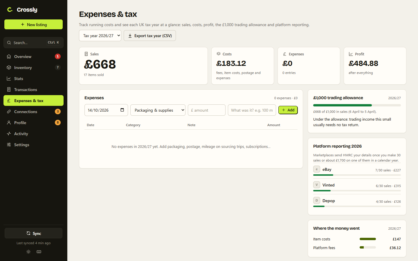 Crossly's expenses and tax page