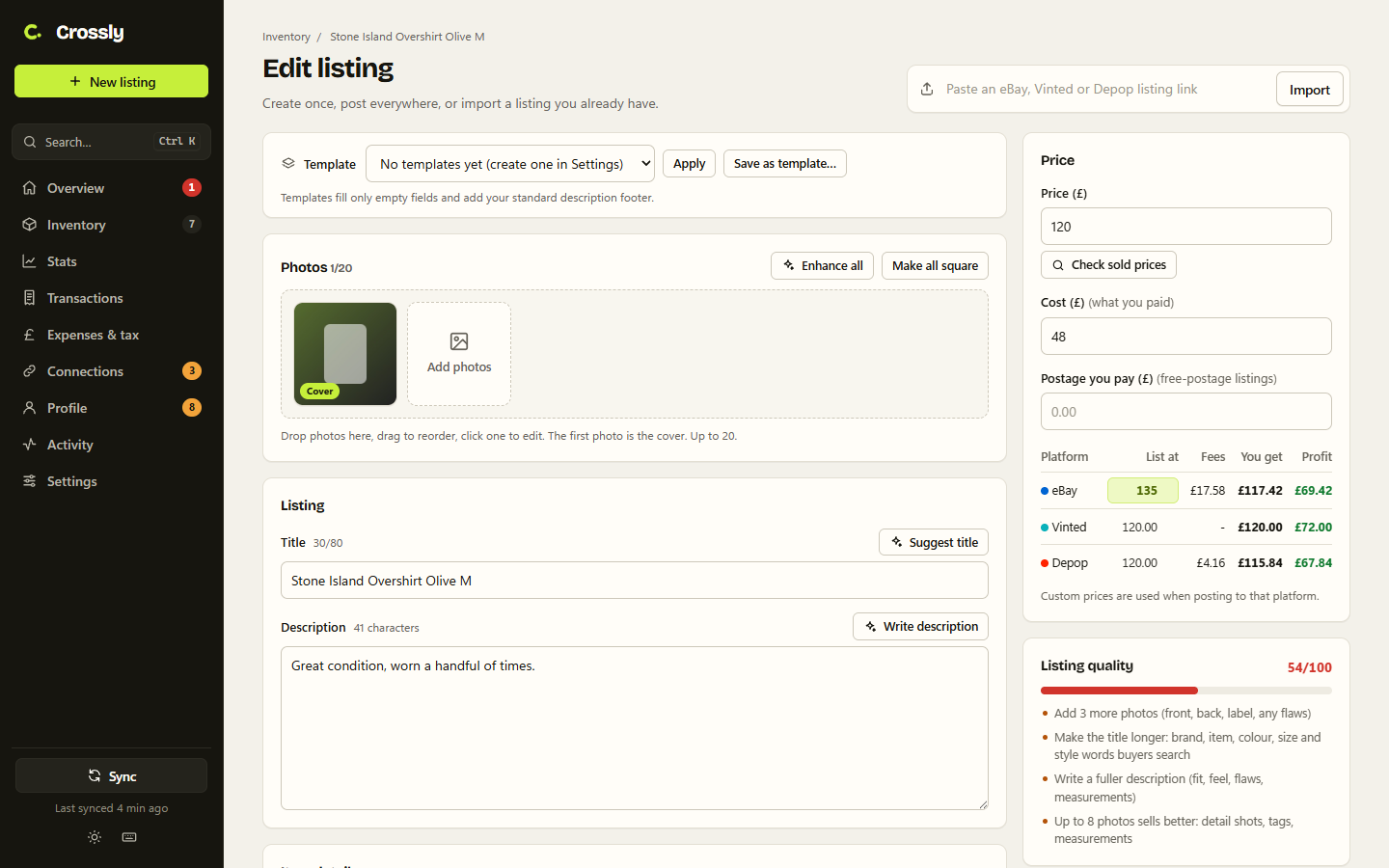 Crossly's listing form with take-home per platform